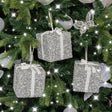 Set Of 3 Silver Tinsel &amp; White Ribbon Christmas Present Tree Decorations