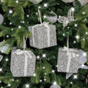 Set Of 3 Silver Tinsel &amp; White Ribbon Christmas Present Tree Decorations