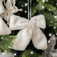Set of 3 White Fur Christmas Bow Decorations - 19cm