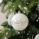 Set of 3 White Glitter Silver Jewel Baubles - 9cm