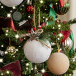 Set of 3 White Velvet Christmas Bauble Decorations with Foliage - 7cm