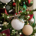 Set of 3 White Velvet Christmas Bauble Decorations with Foliage - 7cm