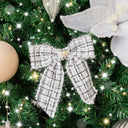 Set of 4 Black &amp; White Tartan Boucle Jewelled Christmas Bow Decorations