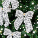 Set of 4 Black &amp; White Tartan Boucle Jewelled Christmas Bow Decorations