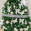 Set of 4 Black &amp; White Tartan Boucle Jewelled Christmas Bow Decorations