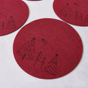 Set of 4 Dark Red Round Felt Placemats with Tree Detail