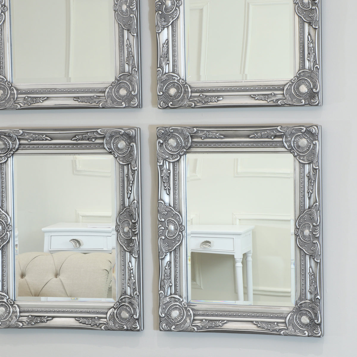 Set of 4 Ornate Silver Wall Mirrors With Bevelled Glass – Melody Maison Ltd