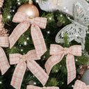 Set of 6 Small Pink Tartan Boucle Jewelled Christmas Bow Decorations