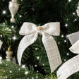 Set of 6 White Tartan Boucle Jewelled Christmas Bow Decorations