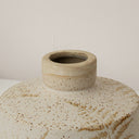Small Round Cream Speckled Ceramic Vase With An Embossed Fern Leaf Pattern - 12.5cm x 9.5cm