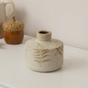 Small Round Cream Speckled Ceramic Vase With An Embossed Fern Leaf Pattern - 12.5cm x 9.5cm