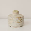 Small Round Cream Speckled Ceramic Vase With An Embossed Fern Leaf Pattern - 12.5cm x 9.5cm