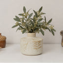 Small Round Cream Speckled Ceramic Vase With An Embossed Fern Leaf Pattern - 12.5cm x 9.5cm