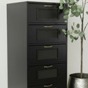 Tall Black &amp; Gold Ribbed Glass Industrial Storage Cabinet
