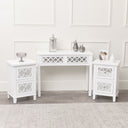 White Mirrored Lattice Console Table / Dressing Table & Pair of White Mirrored Bedside Tables - Sabrina White Range
