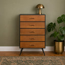 Wooden &amp; Black 5 Drawer Tallboy Chest of Drawers - Ludlow Range