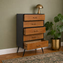 Wooden &amp; Black 5 Drawer Tallboy Chest of Drawers - Ludlow Range
