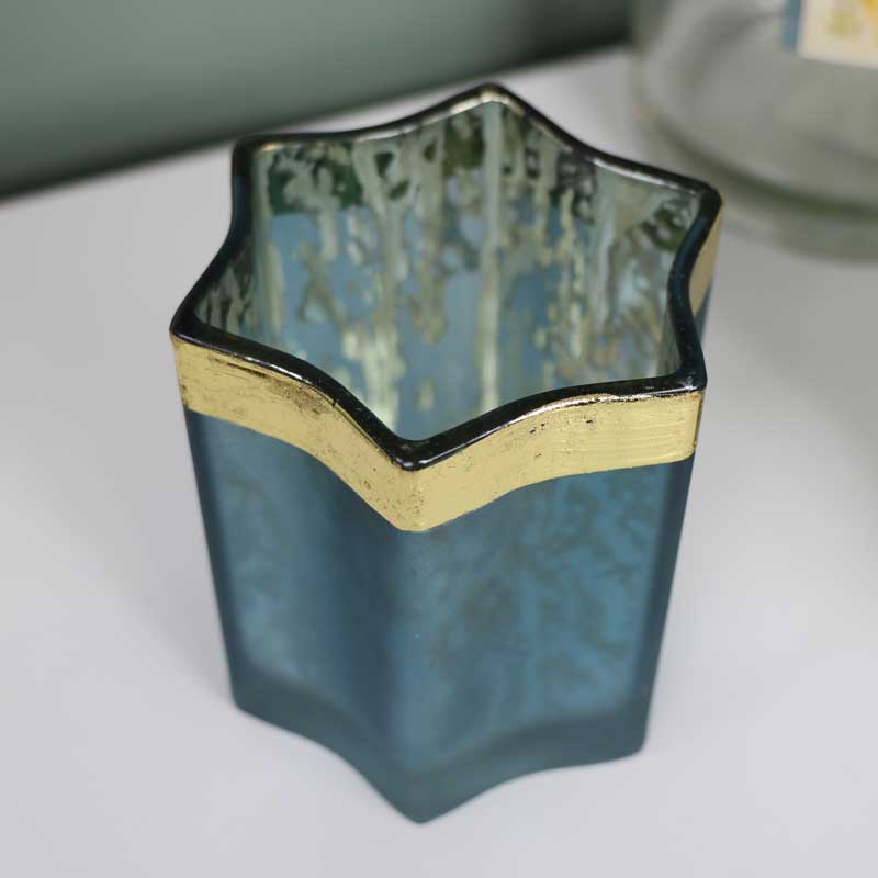 Blue and Gold Glass Star Tea Light Holder 