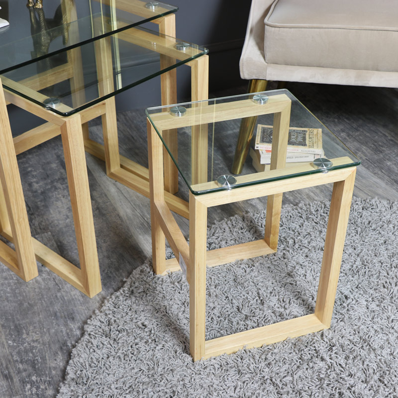 Clear Glass Topped Nest of Tables with Oak Legs EX-SHOWROOM ITEM 3013