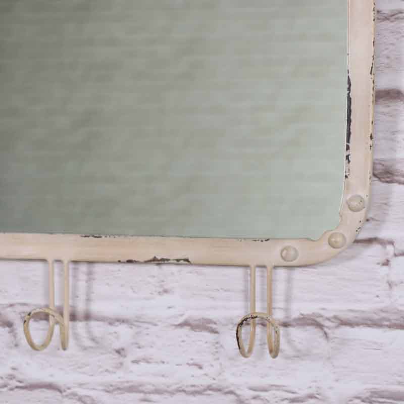 Cream Wall Mounted Mirror with Hooks 61cm x 31cm