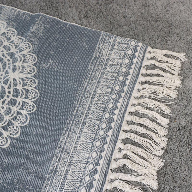 Grey and Cream Mandala Patterned Tassel Floor Rug