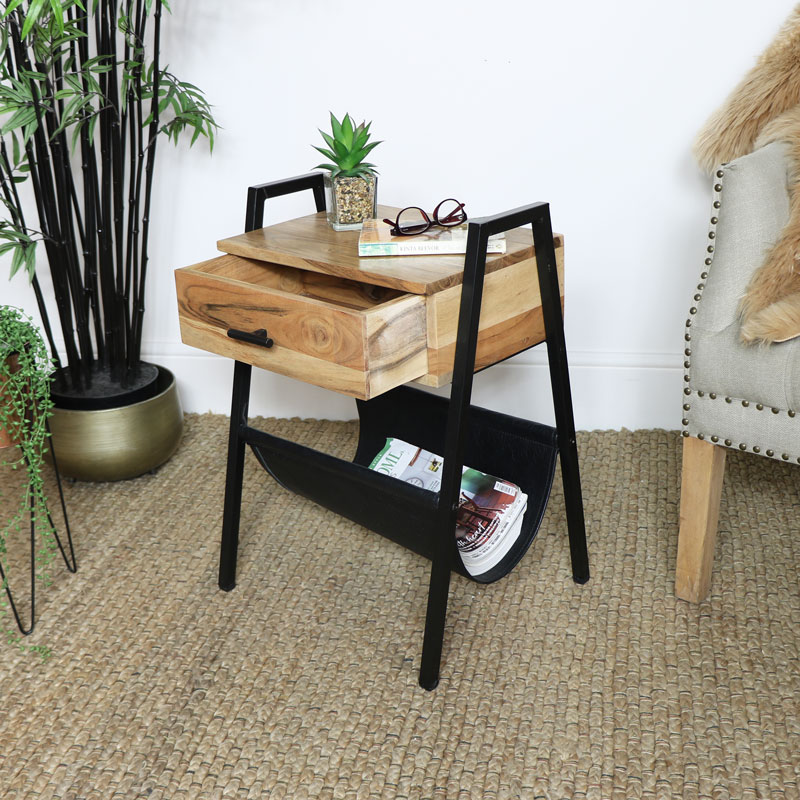 Industrial Side Table with Magazine Rack