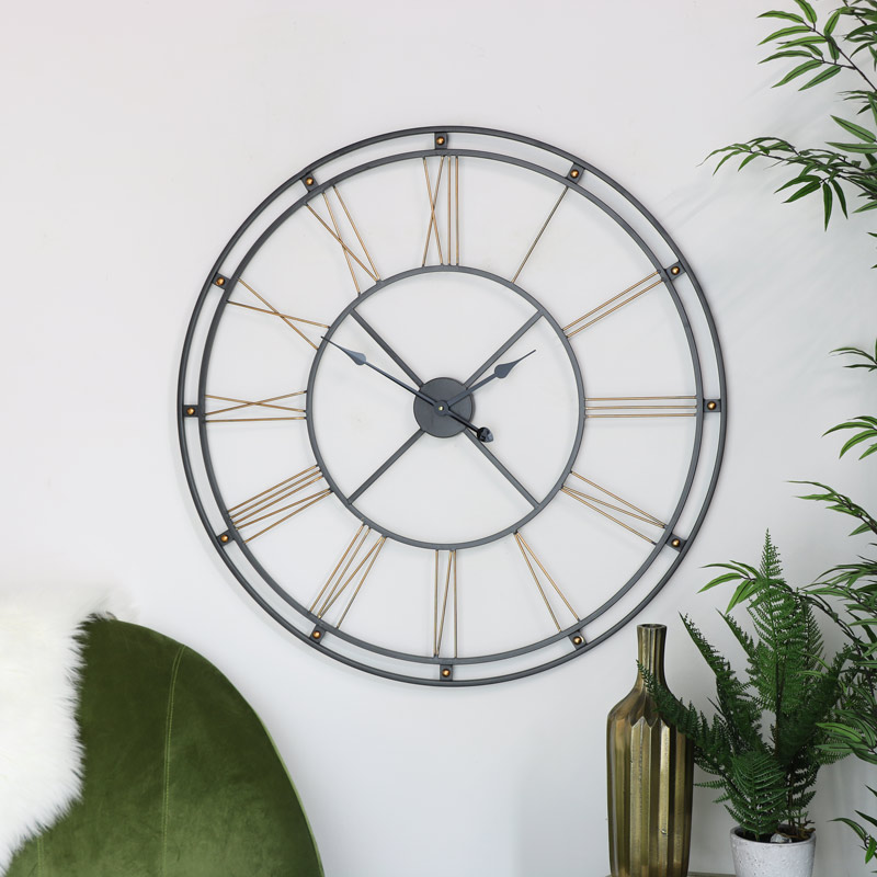 Large Black & Gold Skeleton Wall Clock