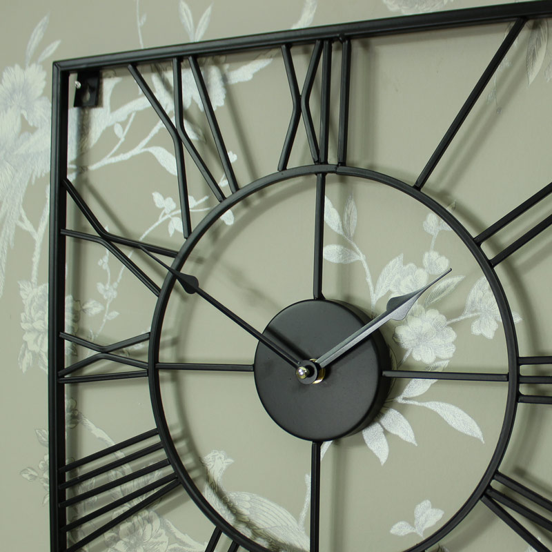 Large Black Iron Square Skeleton Wall Clock