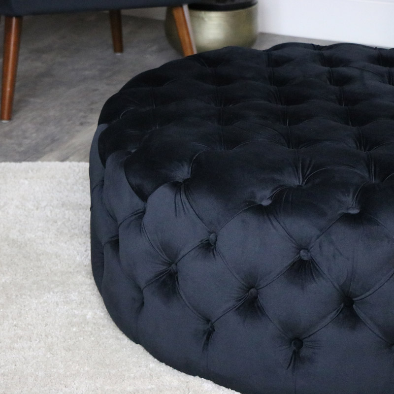 Large Black Velvet Round Buttoned Pouffe Stool