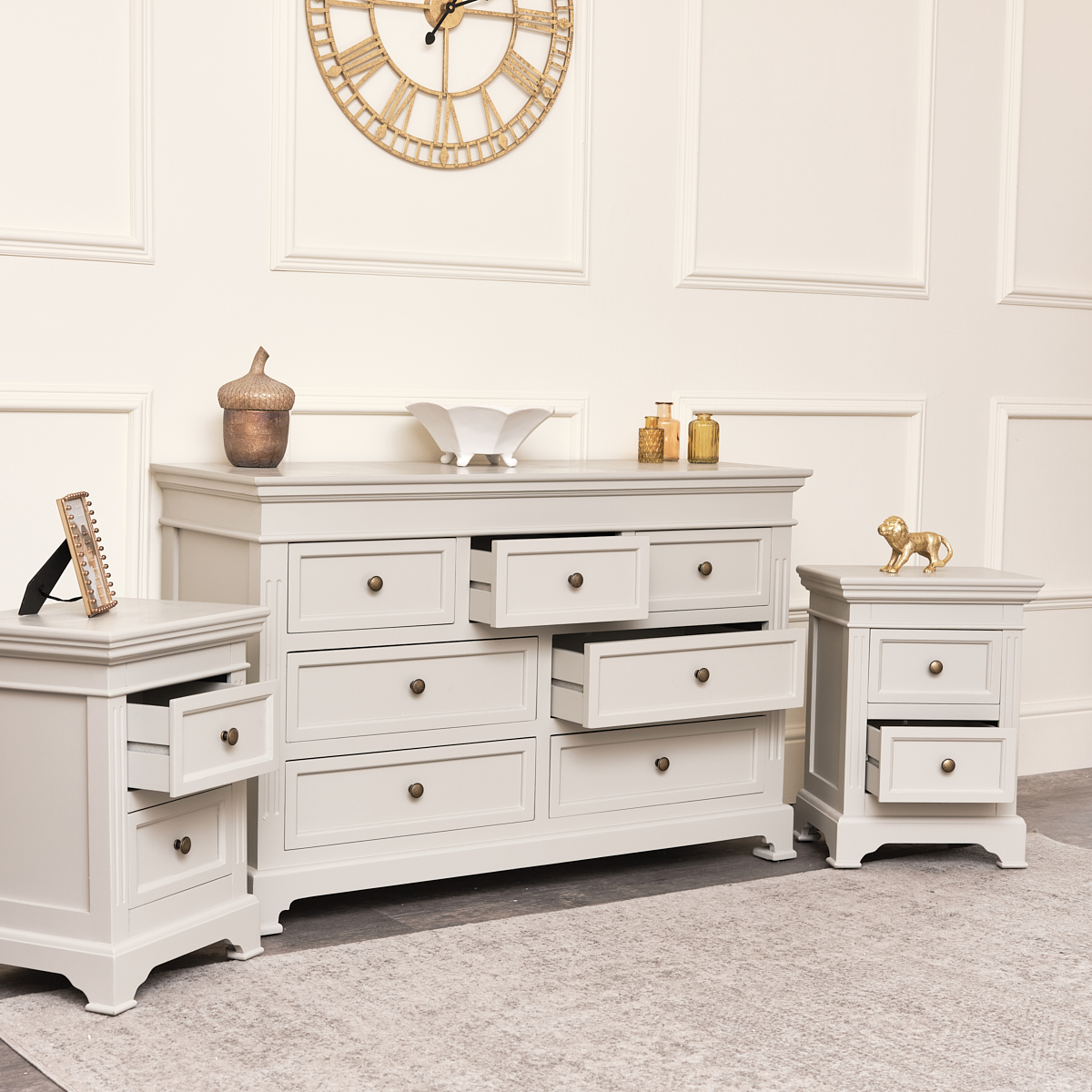 Large Taupe Grey 7 Drawer Chest Of Drawers And Pair Of Bedside Tables