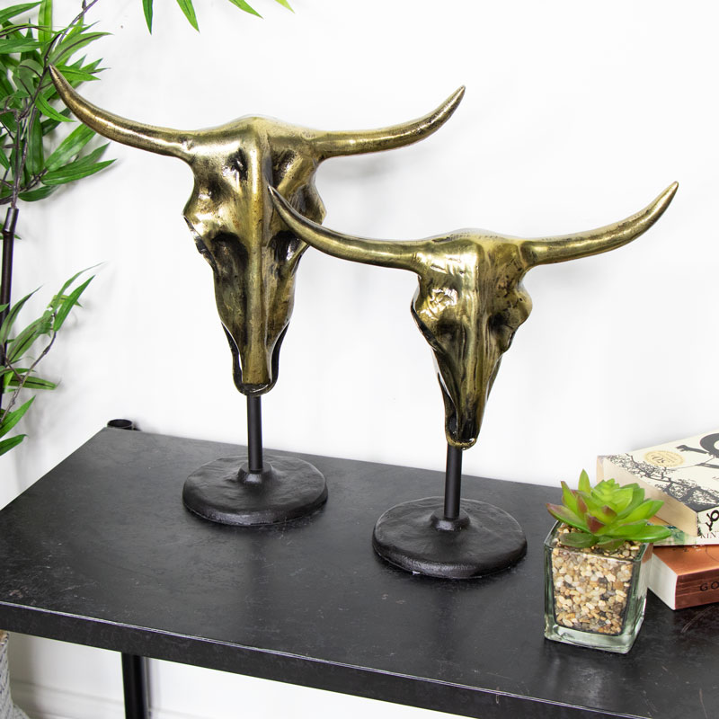 Pair of Distressed Decorative Bronze Buffalo Skulls 