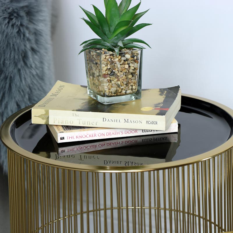 Pair of Tall Black & Gold Wire Side Tables with Basket Storage