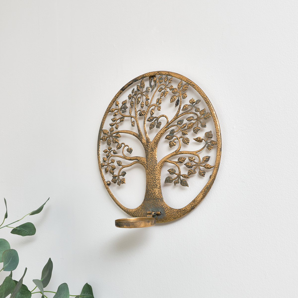 Round Antique Gold Tree of Life Candle Wall Sconce