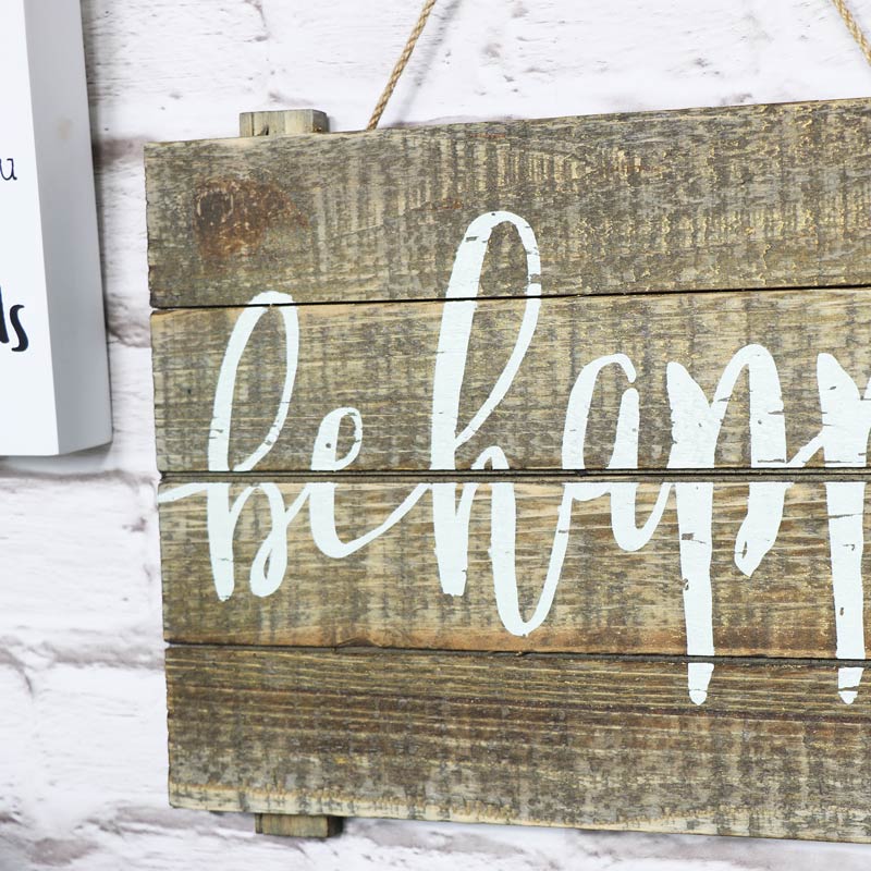 Rustic 'Be Happy' Wooden Wall Plaque