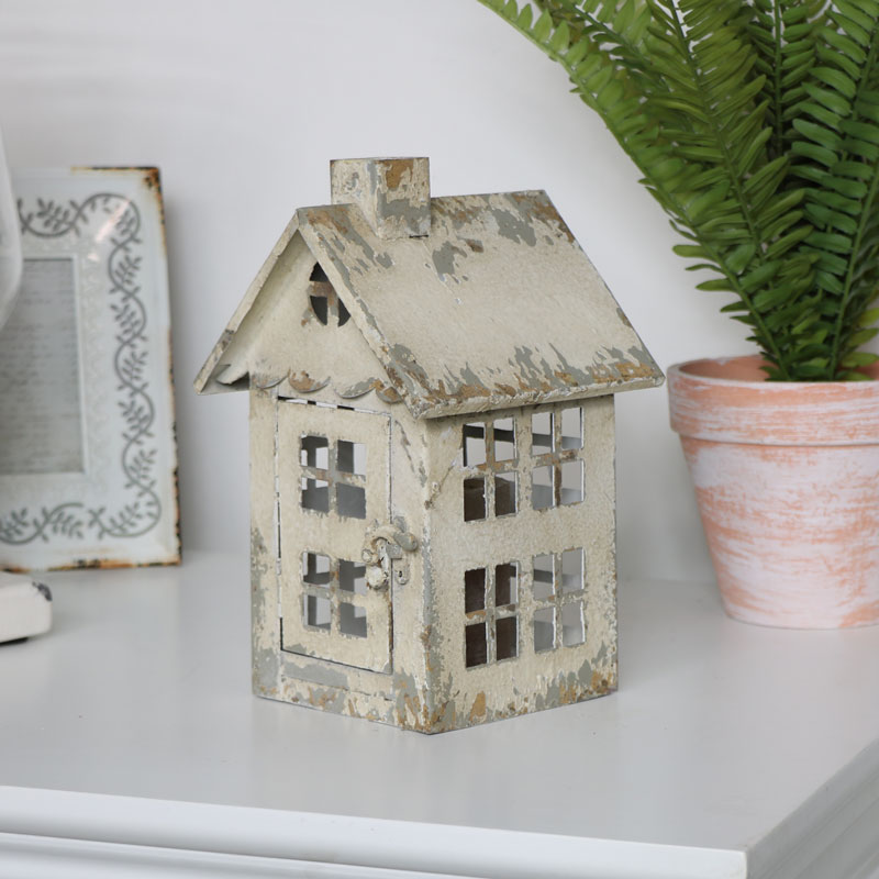 Rustic Cream Metal House Candle Lantern