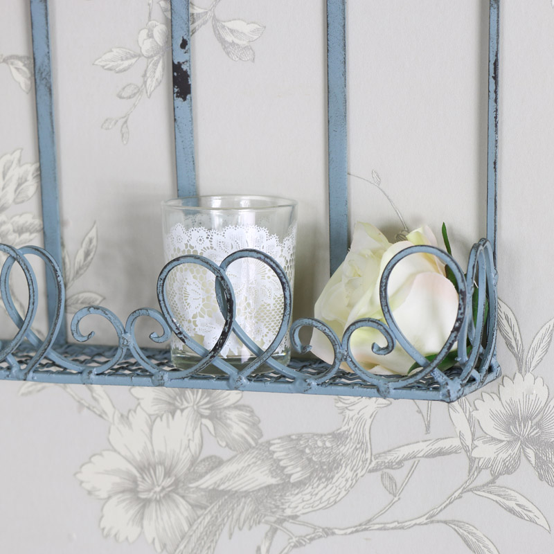 Rustic Blue Ornate Metal Wall Shelf