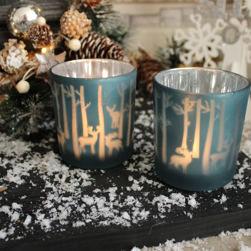 Set of 2 Blue Glass Reindeer Tealight Holders