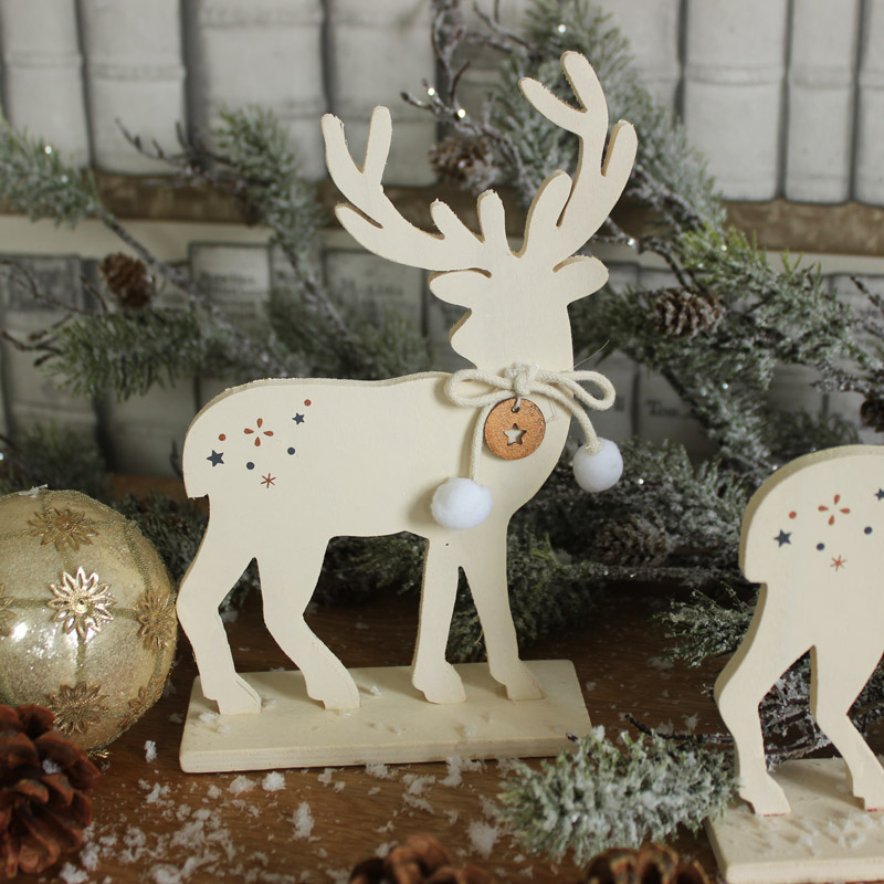 Set of 2 Cream Wooden Christmas Reindeer