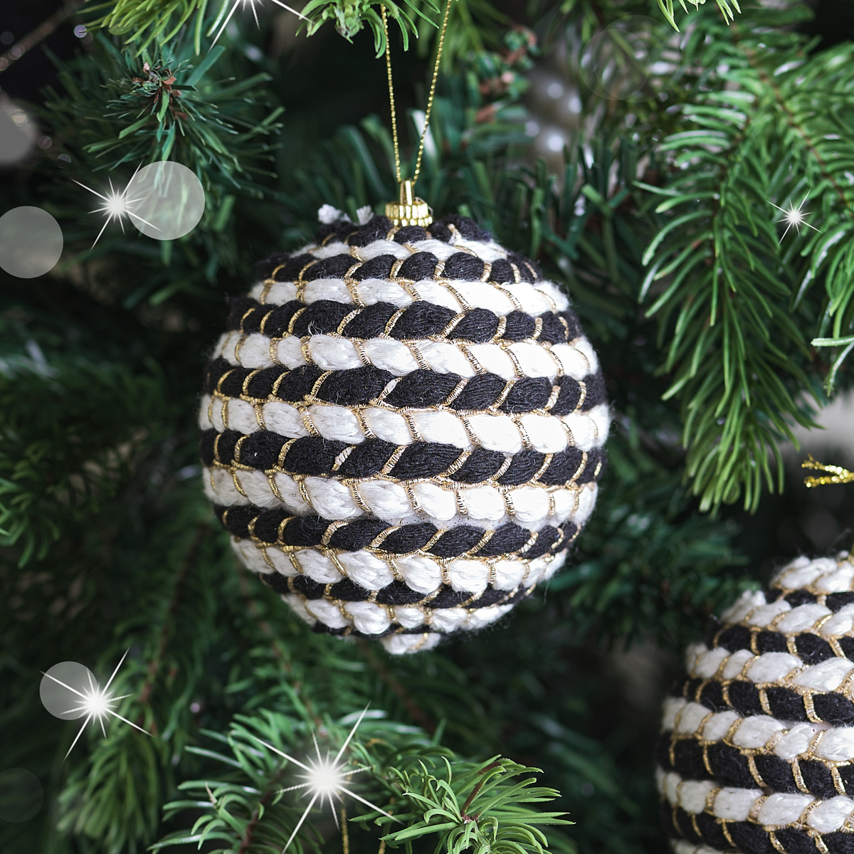 Set of 3 Round Black & White Stripe Rope Christmas Tree Baubles - 8cm
