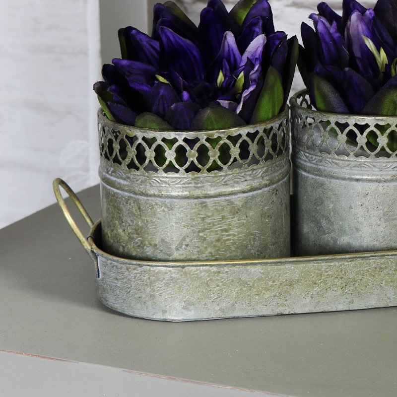 Set of Three Metal Pots in a Tray