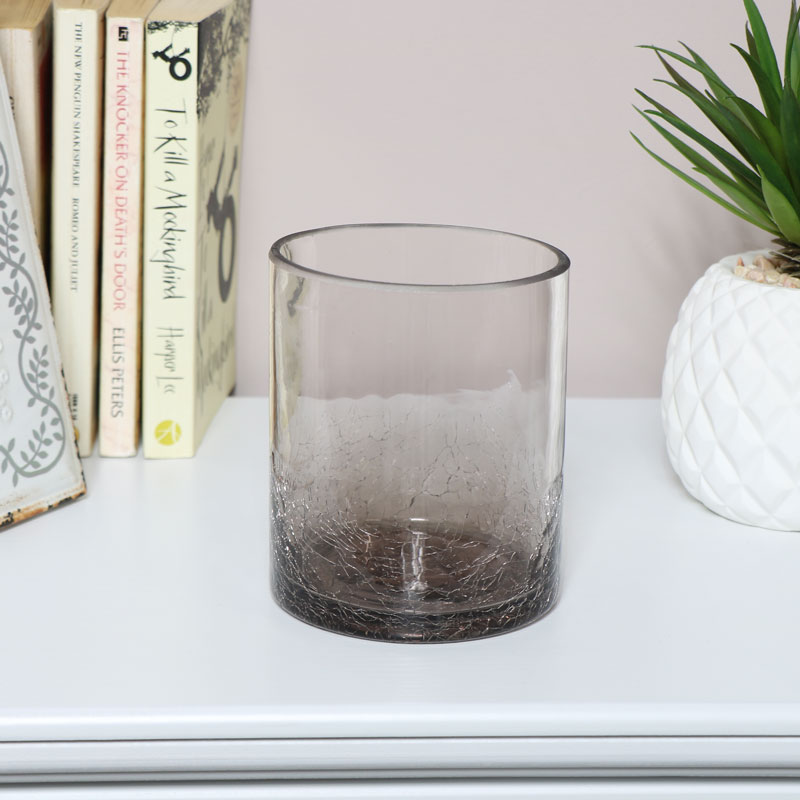 Smoked Grey Crackle Glazed Glass Candle Holder