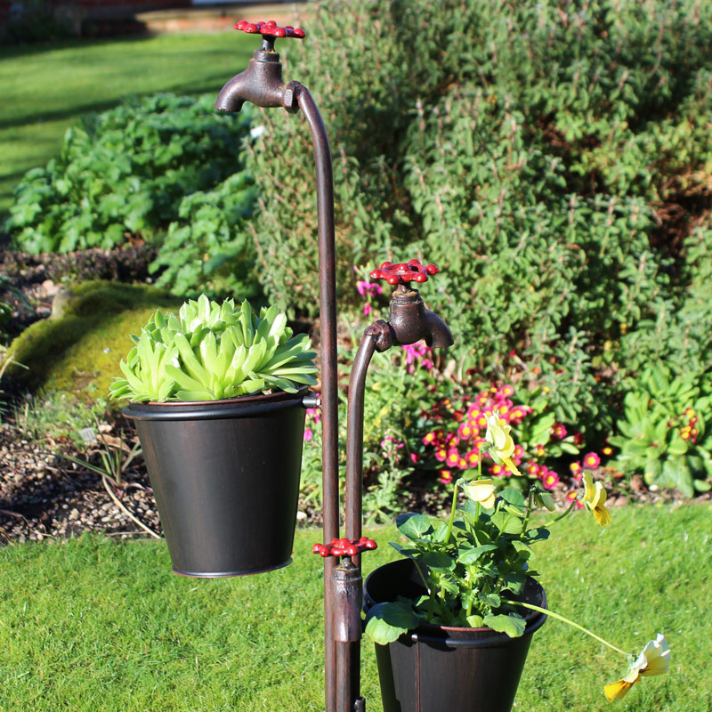 Tall Metal Tap Triple Garden Planter with Plant Pots