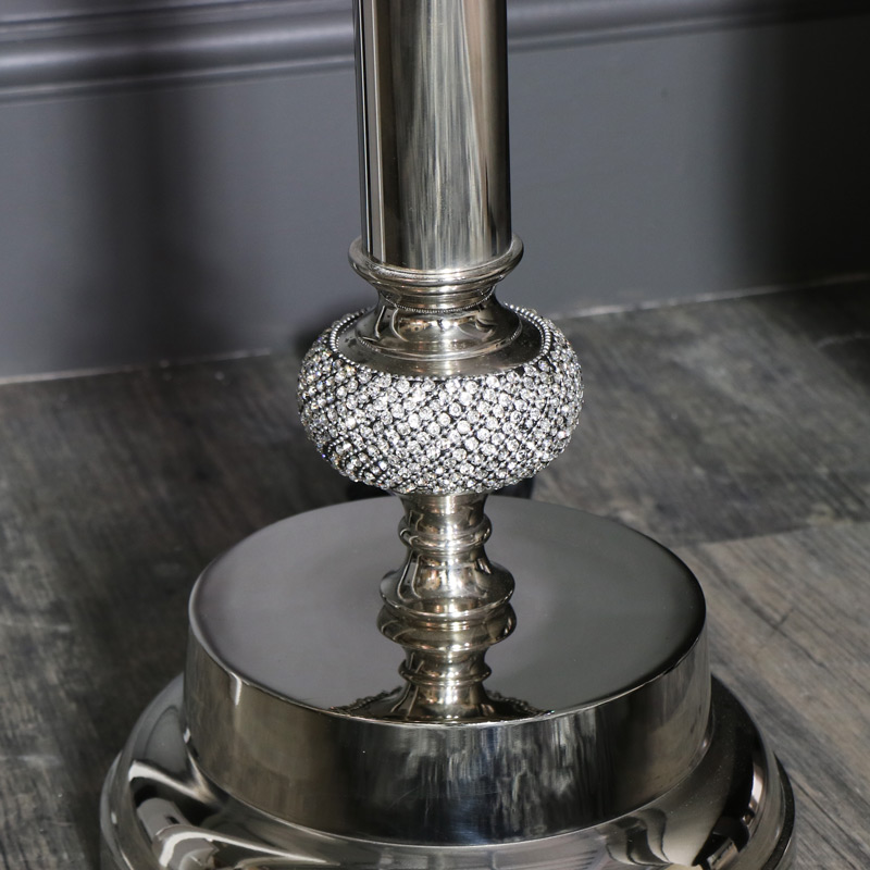 Tall Polished Silver Diamante Floor Lamp with Glitter Shade