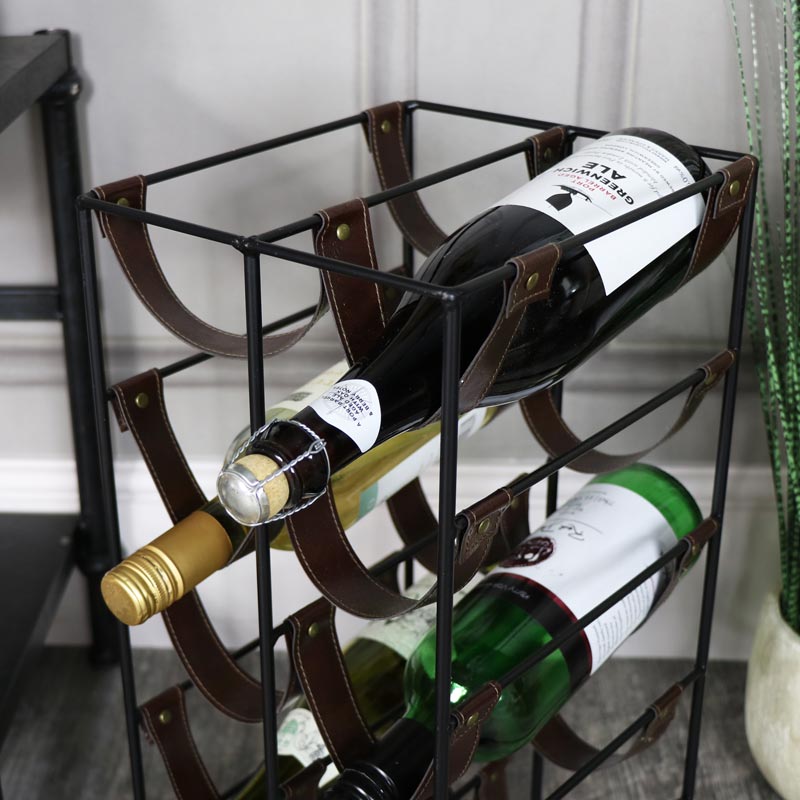 Black metal Leatherette 10 bottle Wine Rack