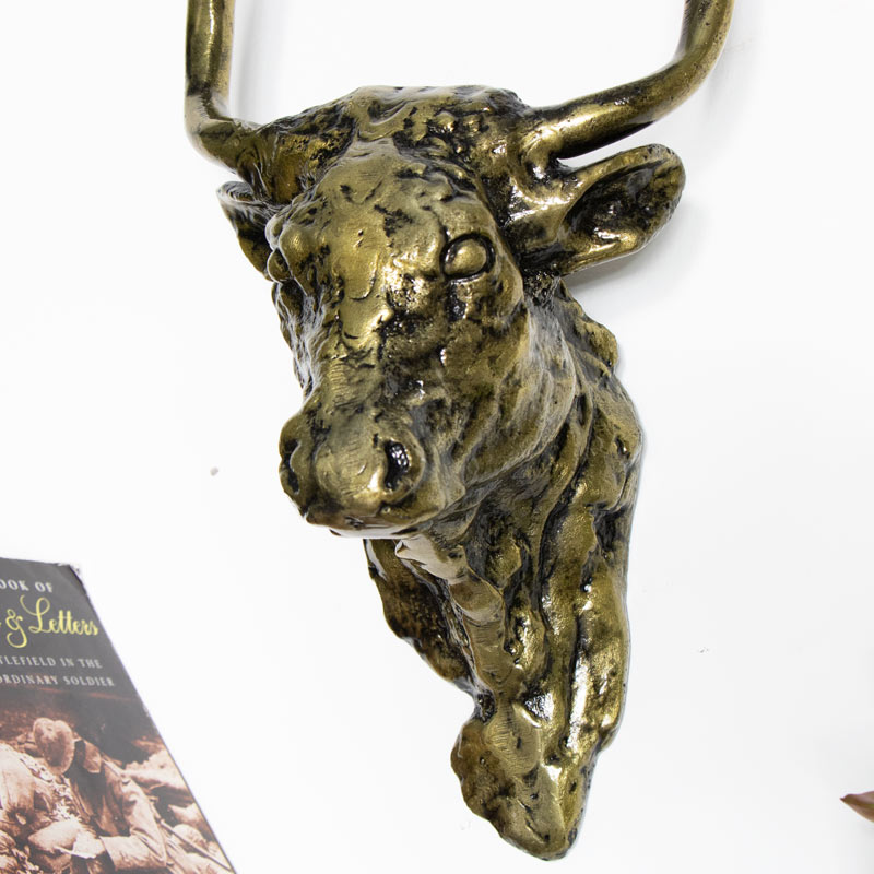 Wall Mounted Distressed Brass Coloured Metal Bulls Head