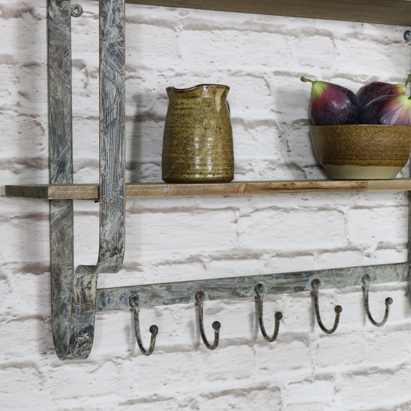 Wall Mounted Wooden Wall Shelf with 5 Hooks