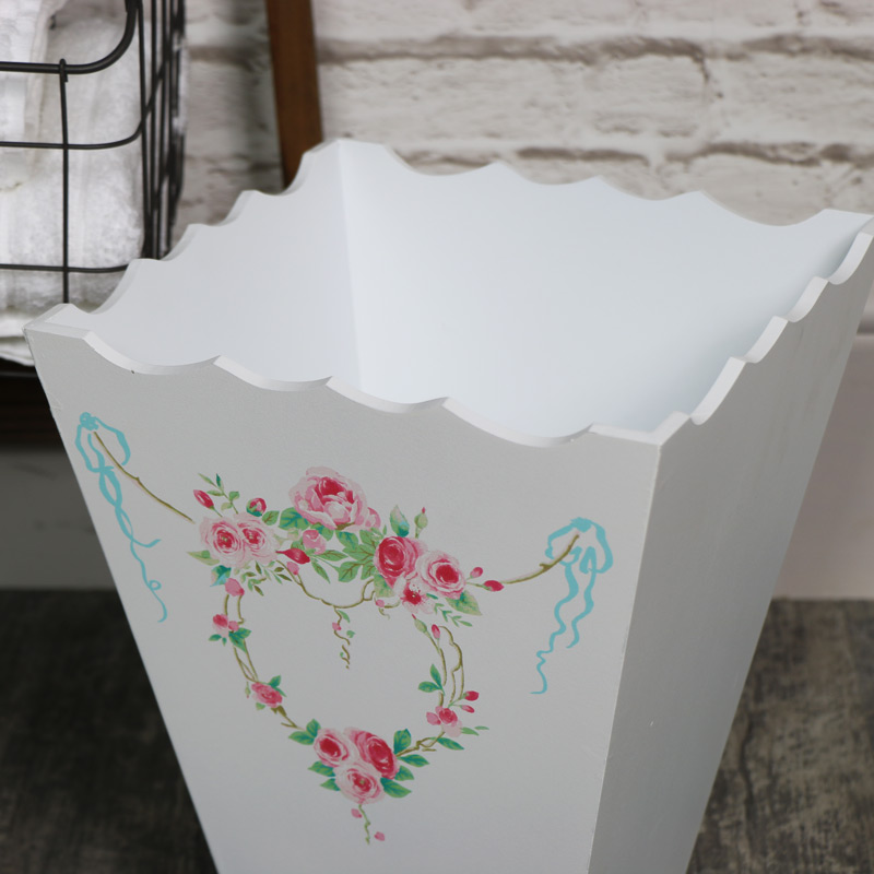 White Wooden Floral Waste Paper Bin