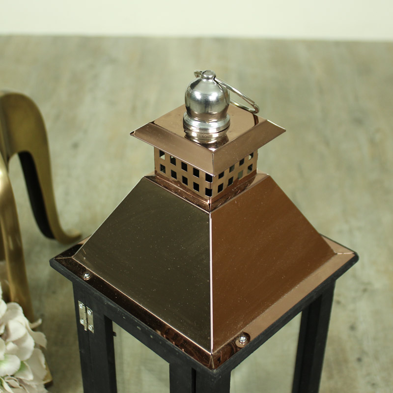 Wooden Black Copper Topped Candle Lantern