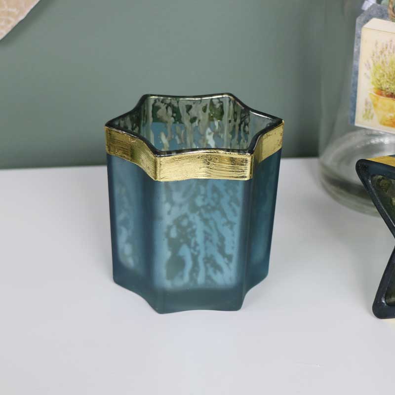 Blue and Gold Glass Star Tea Light Holder 