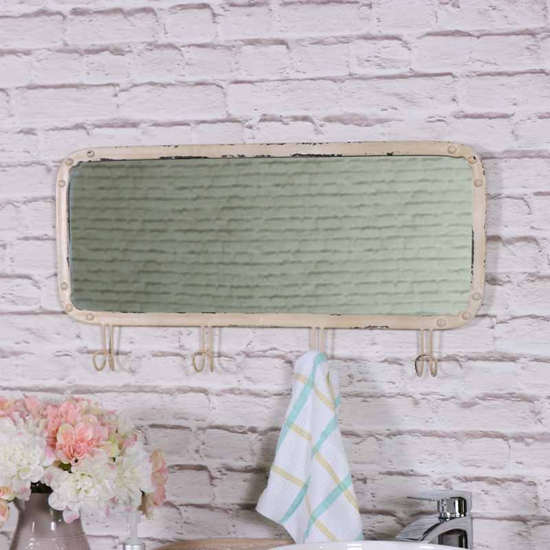 Cream Wall Mounted Mirror with Hooks 61cm x 31cm